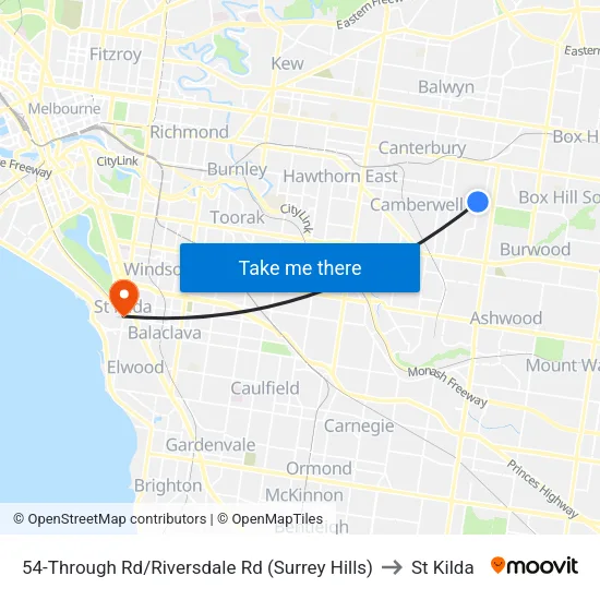 Through Rd/Riversdale Rd #54 to St Kilda map