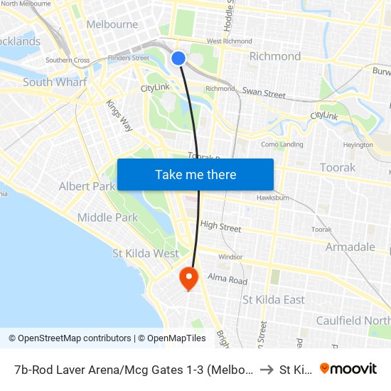 7b-Rod Laver Arena/Mcg Gates 1-3 (Melbourne City) to St Kilda map