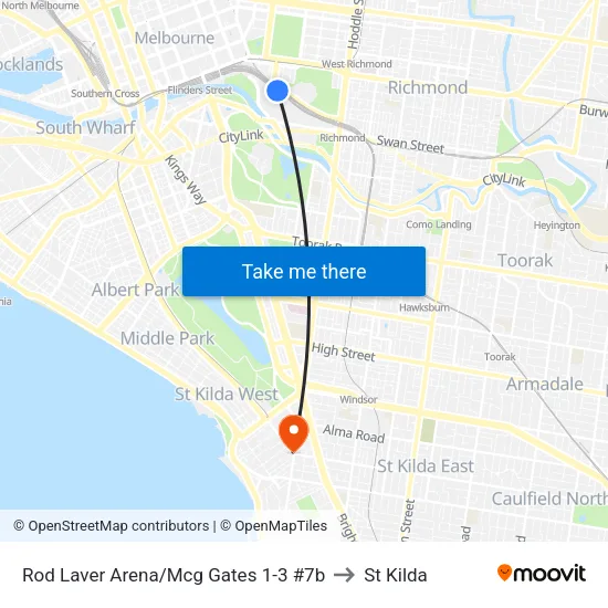 Rod Laver Arena/Mcg Gates 1-3 #7b to St Kilda map