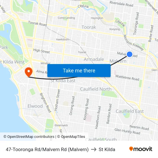 Tooronga Rd/Malvern Rd #47 to St Kilda map