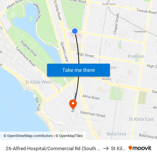 26-Alfred Hospital/Commercial Rd (South Yarra) to St Kilda map