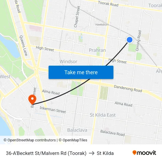 A'Beckett St/Malvern Rd #36 to St Kilda map