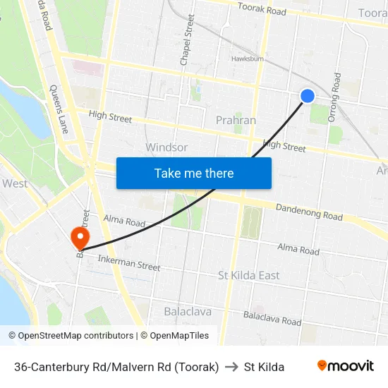 Canterbury Rd/Malvern Rd #36 to St Kilda map