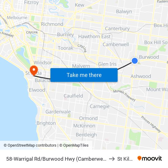 58-Warrigal Rd/Burwood Hwy (Camberwell) to St Kilda map