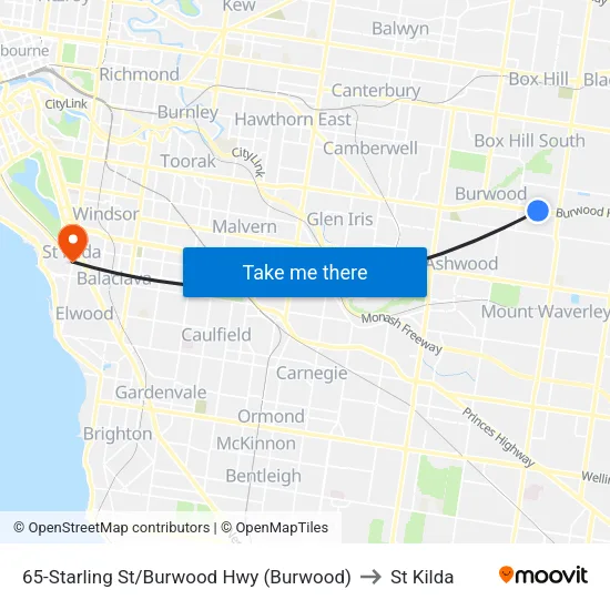 Starling St/Burwood Hwy #65 to St Kilda map