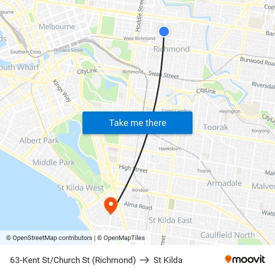 63-Kent St/Church St (Richmond) to St Kilda map