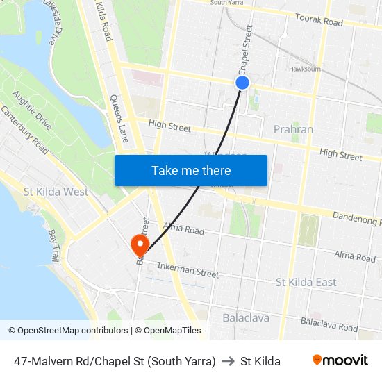 47-Malvern Rd/Chapel St (South Yarra) to St Kilda map