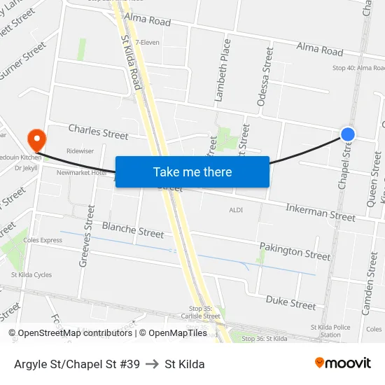 Argyle St/Chapel St #39 to St Kilda map