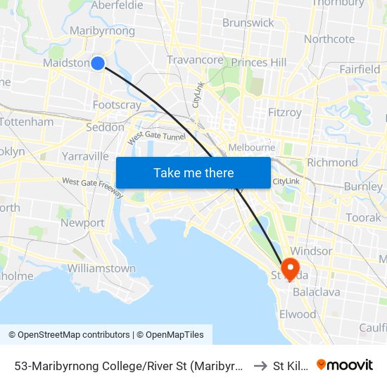 53-Maribyrnong College/River St (Maribyrnong) to St Kilda map