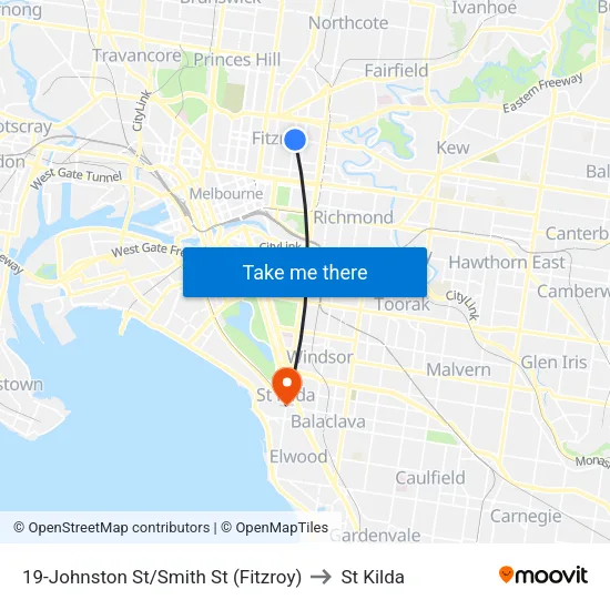 Johnston St/Smith St #19 to St Kilda map