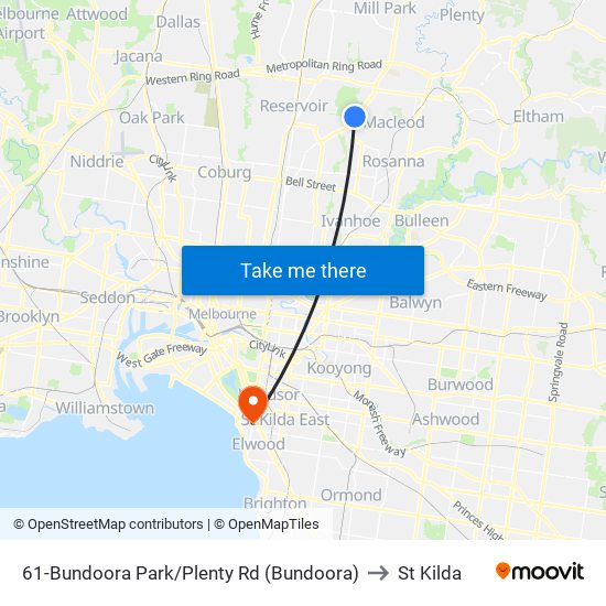 61-Bundoora Park/Plenty Rd (Bundoora) to St Kilda map
