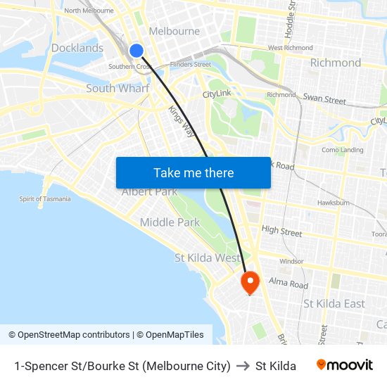 1-Spencer St/Bourke St (Melbourne City) to St Kilda map