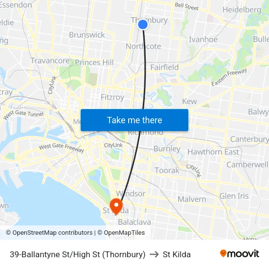 Ballantyne St/High St #39 to St Kilda map