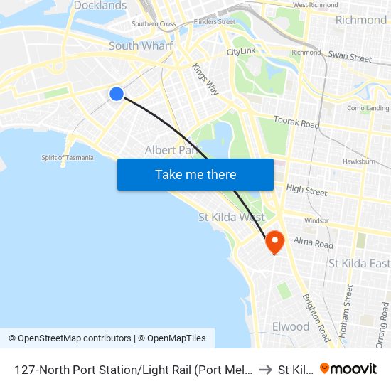 127-North Port Station/Light Rail (Port Melbourne) to St Kilda map