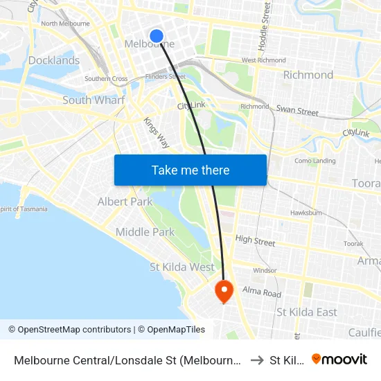Melbourne Central/Lonsdale St to St Kilda map
