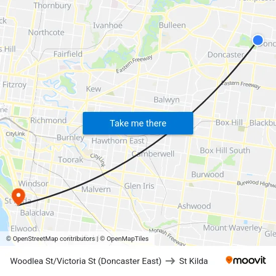 Woodlea St/Victoria St to St Kilda map