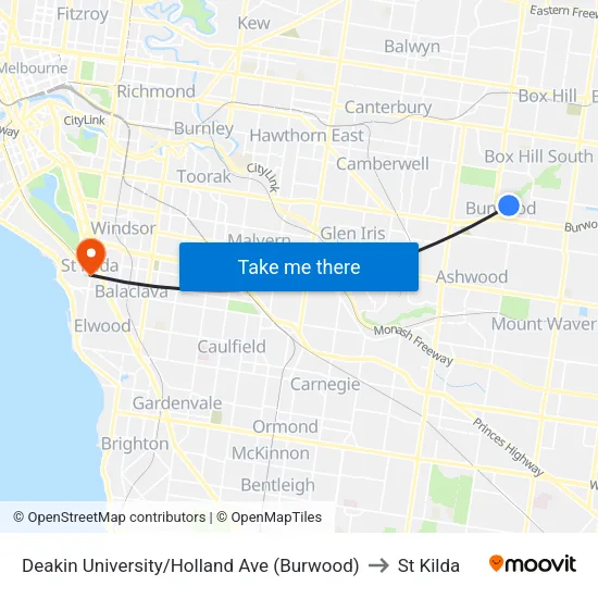 Deakin University/Holland Ave to St Kilda map