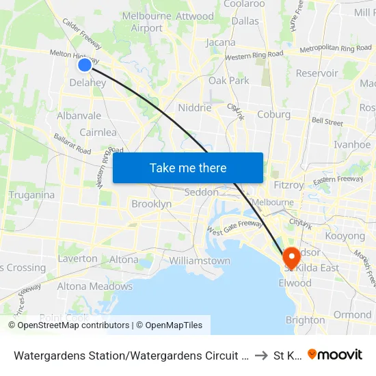 Watergardens Station/Watergardens Circuit Rd to St Kilda map