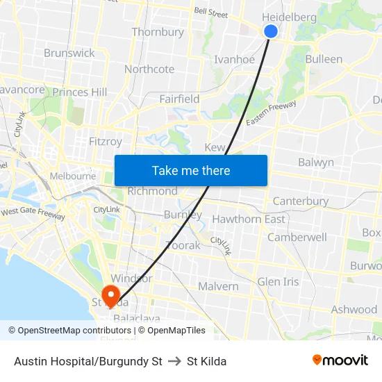 Austin Hospital/Burgundy St to St Kilda map