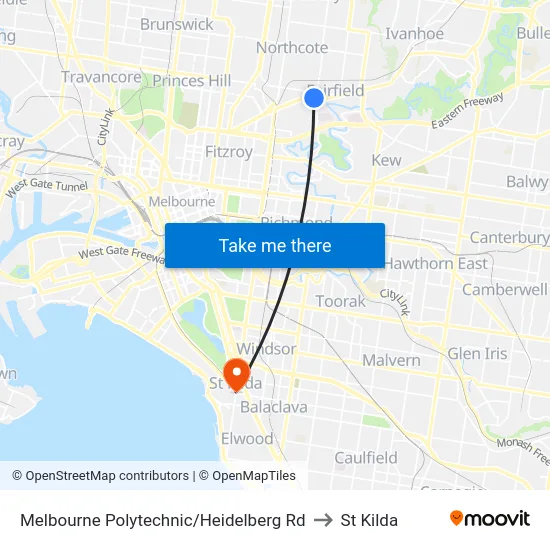 Melbourne Polytechnic/Heidelberg Rd to St Kilda map