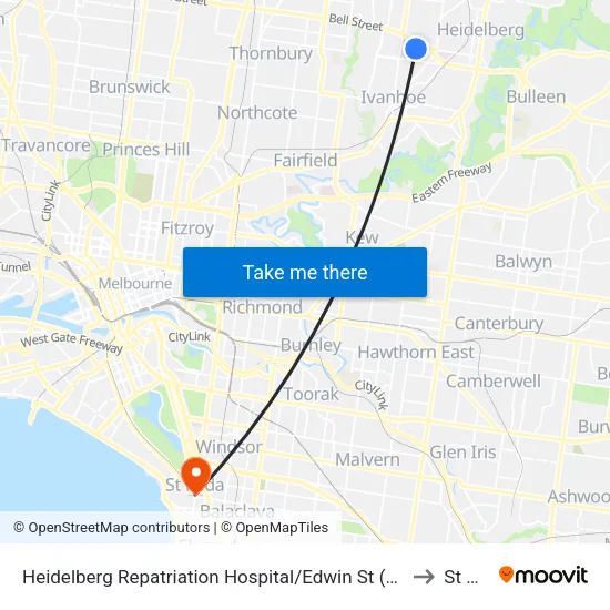 Heidelberg Repatriation Hospital/Edwin St to St Kilda map