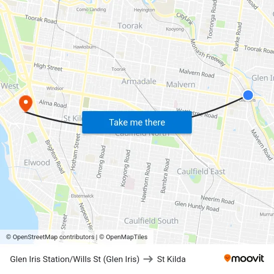 Glen Iris Station/Wills St to St Kilda map