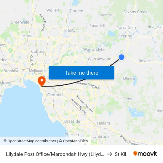 Lilydale Post Office/Maroondah Hwy to St Kilda map