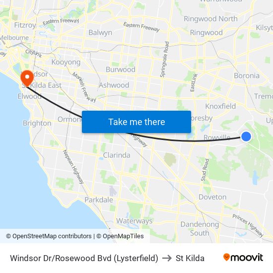 Windsor Dr/Rosewood Bvd (Lysterfield) to St Kilda map