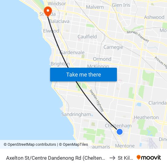 Axelton St/Centre Dandenong Rd (Cheltenham) to St Kilda map