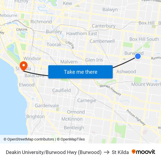 Deakin University/Burwood Hwy (Burwood) to St Kilda map