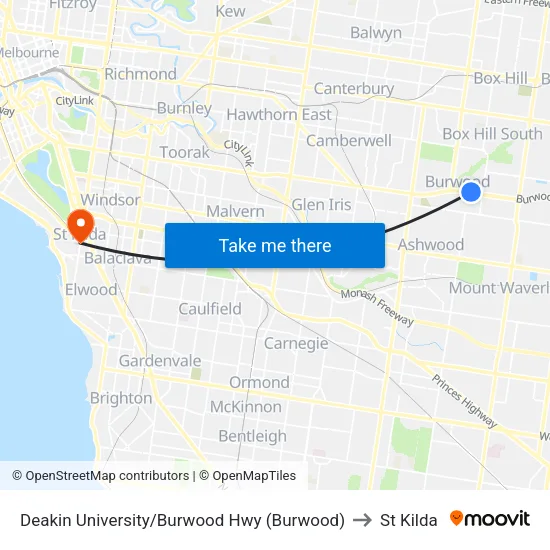 Deakin University/Burwood Hwy to St Kilda map