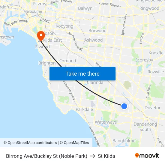 Birrong Ave/Buckley St to St Kilda map