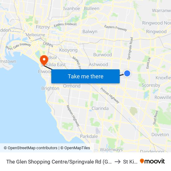 The Glen Shopping Centre/Springvale Rd (Glen Waverley) to St Kilda map