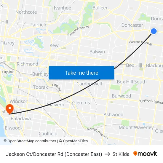 Jackson Ct/Doncaster Rd to St Kilda map