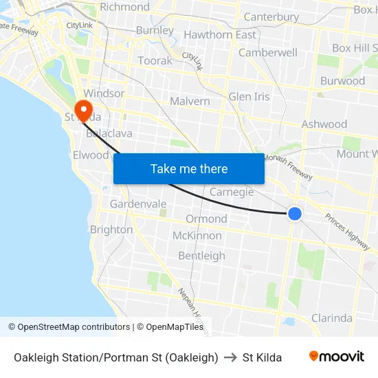 Oakleigh Station/Portman St to St Kilda map