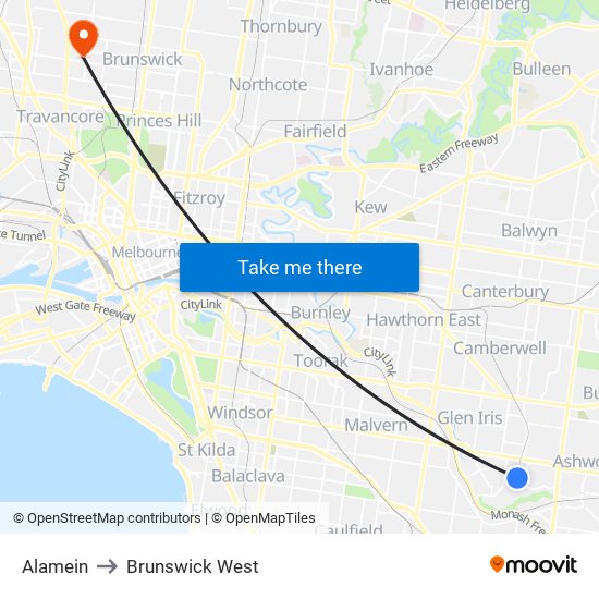 Alamein to Brunswick West map