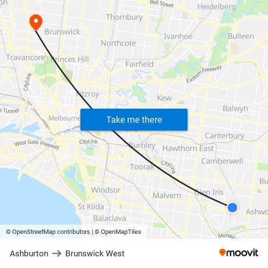 Ashburton to Brunswick West map