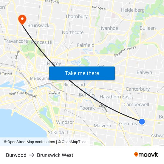 Burwood to Brunswick West map