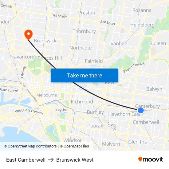 East Camberwell to Brunswick West map