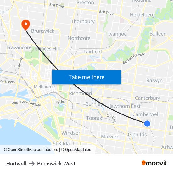 Hartwell to Brunswick West map