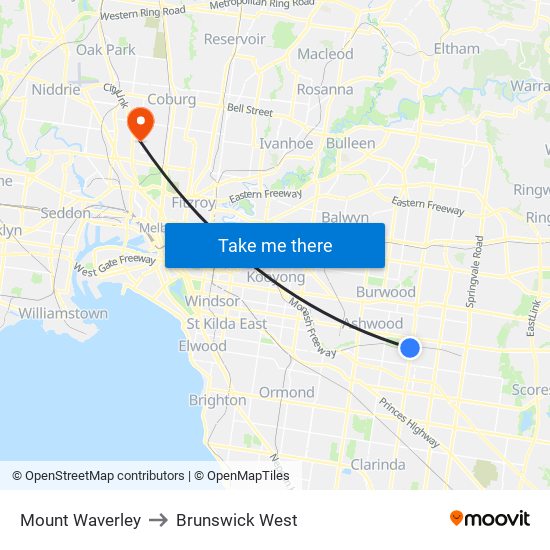 Mount Waverley to Brunswick West map