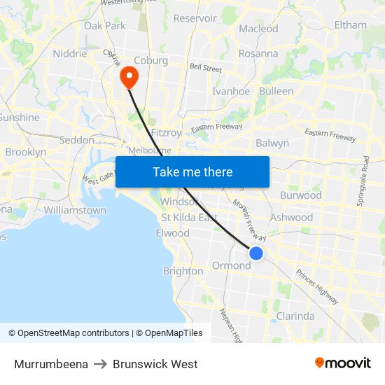 Murrumbeena to Brunswick West map