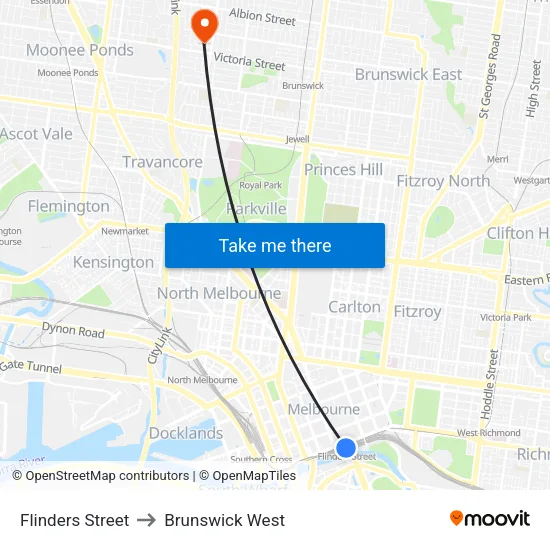 Flinders Street to Brunswick West map