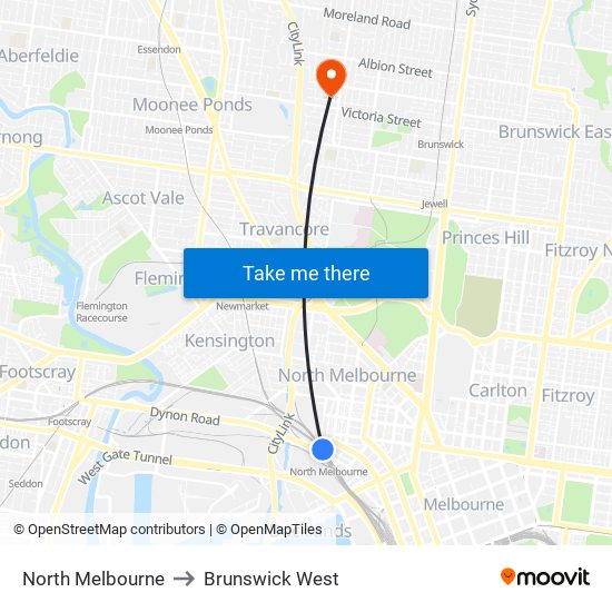 North Melbourne to Brunswick West map