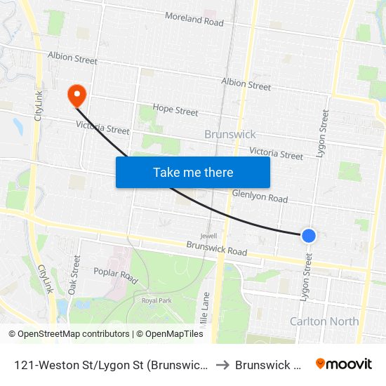 121-Weston St/Lygon St (Brunswick East) to Brunswick West map