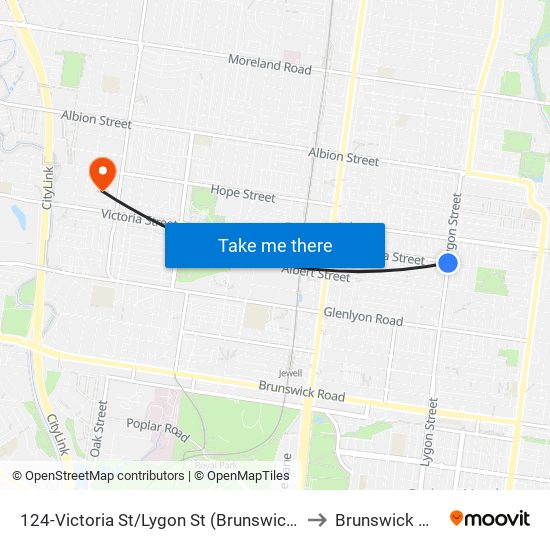 124-Victoria St/Lygon St (Brunswick East) to Brunswick West map