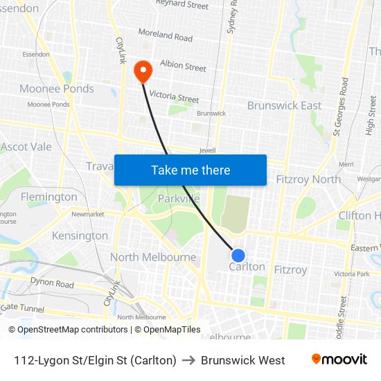 112-Lygon St/Elgin St (Carlton) to Brunswick West map