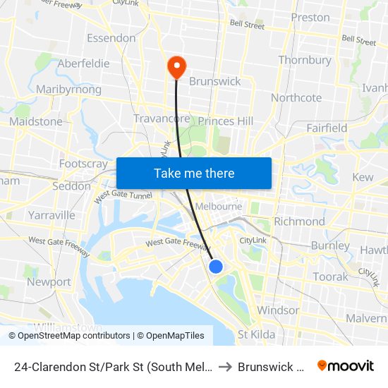 24-Clarendon St/Park St (South Melbourne) to Brunswick West map