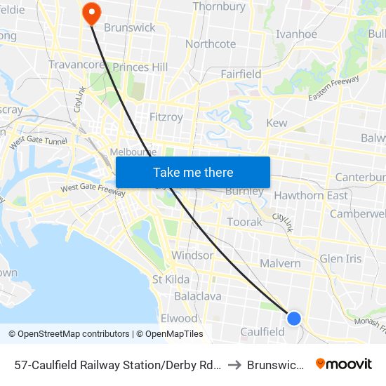 57-Caulfield Railway Station/Derby Rd (Caulfield East) to Brunswick West map