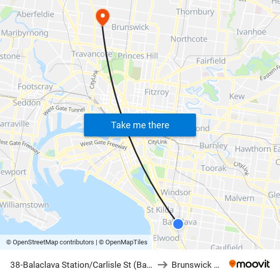 38-Balaclava Station/Carlisle St (Balaclava) to Brunswick West map